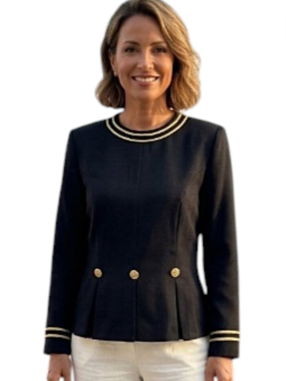 Vintage Le Maison Carroll Petites Nautical Blazer Style Blouse Black Gold Trim M